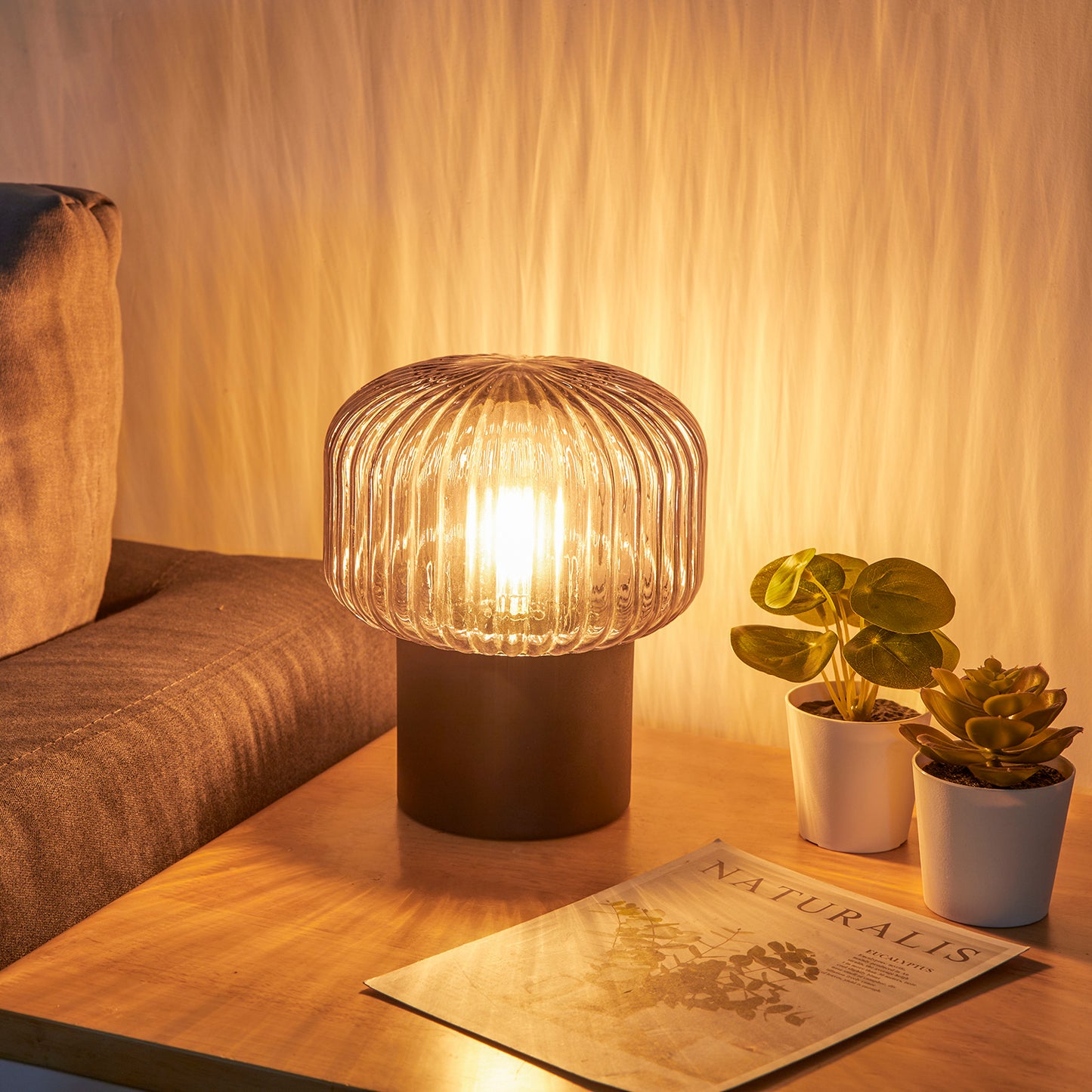 FLORNIA Industrial Modern Table Lamp, Unique Bedside Nightstand Desk Lamp with Glass Shade and Metal Base (Include Bulb G45)